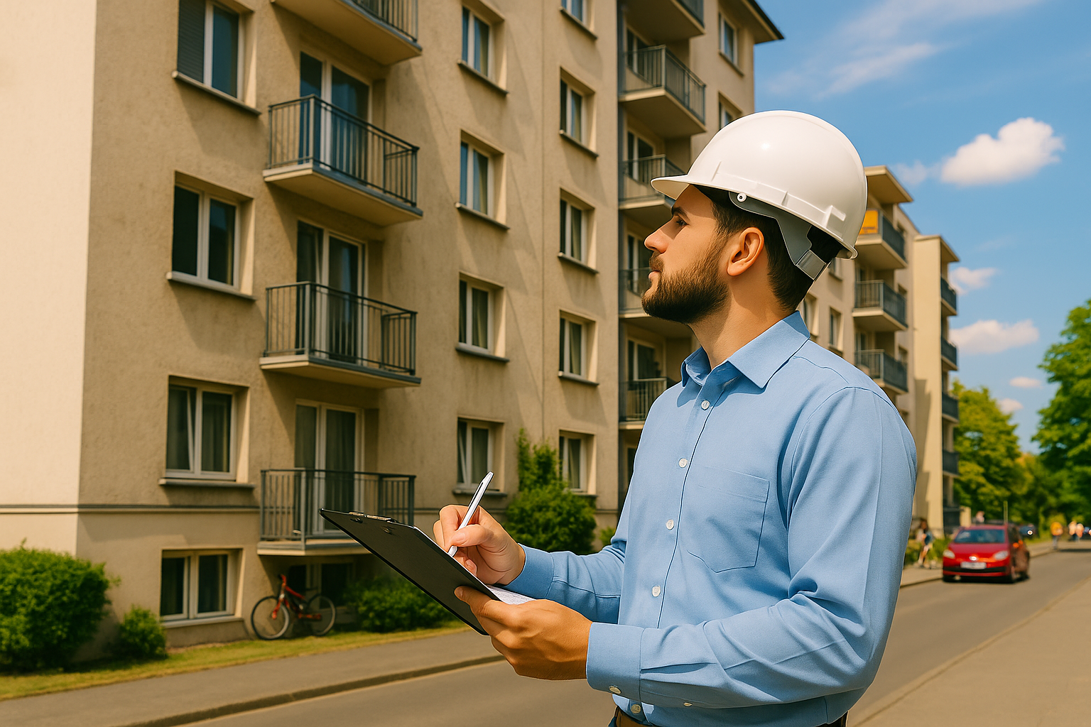 Engenheiro avaliando fachada